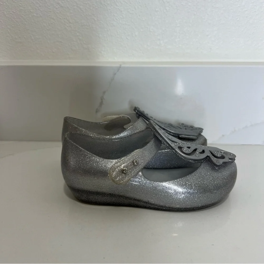 Mini Melissa Kids' Silver Glitter Shoes with Butterflies size 9